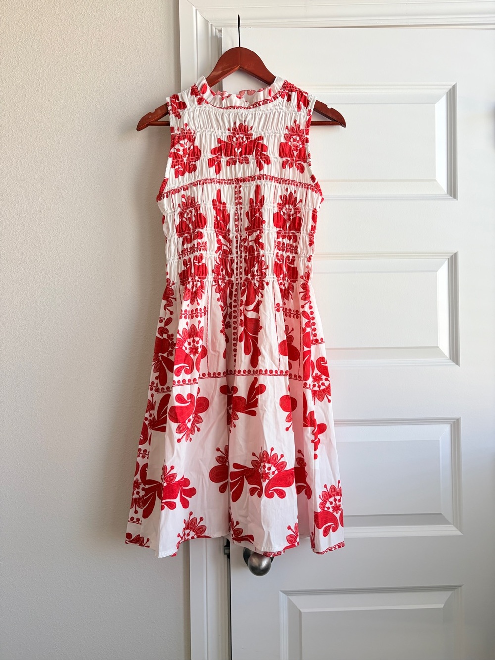 NWT Bellambia Italy Red White Floral Smocked Midi Dress M